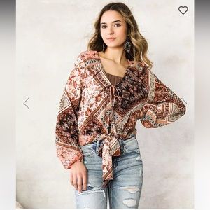 NWT Willow & Root Patchwork Front Tie Top